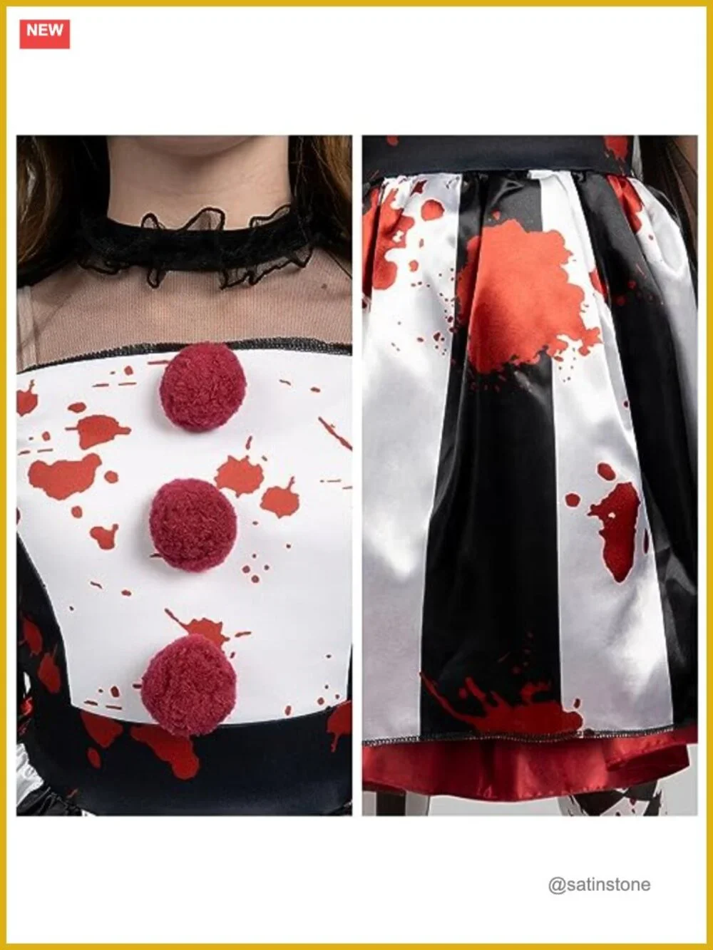 Scary Clown Costume for Girls - Black & White Bloody Jester Dress with Headband